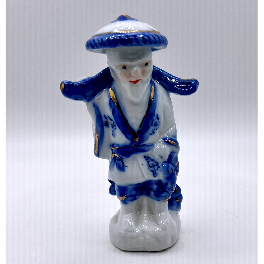 Unbranded Fisherman Figurine 4.25in Blue White Excellent Gold Gilt Porcelain
